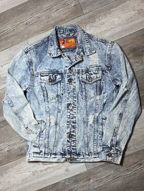 Rolling Paper | Acid Wash Destressed Denim Trucker Jacket Sz Sm